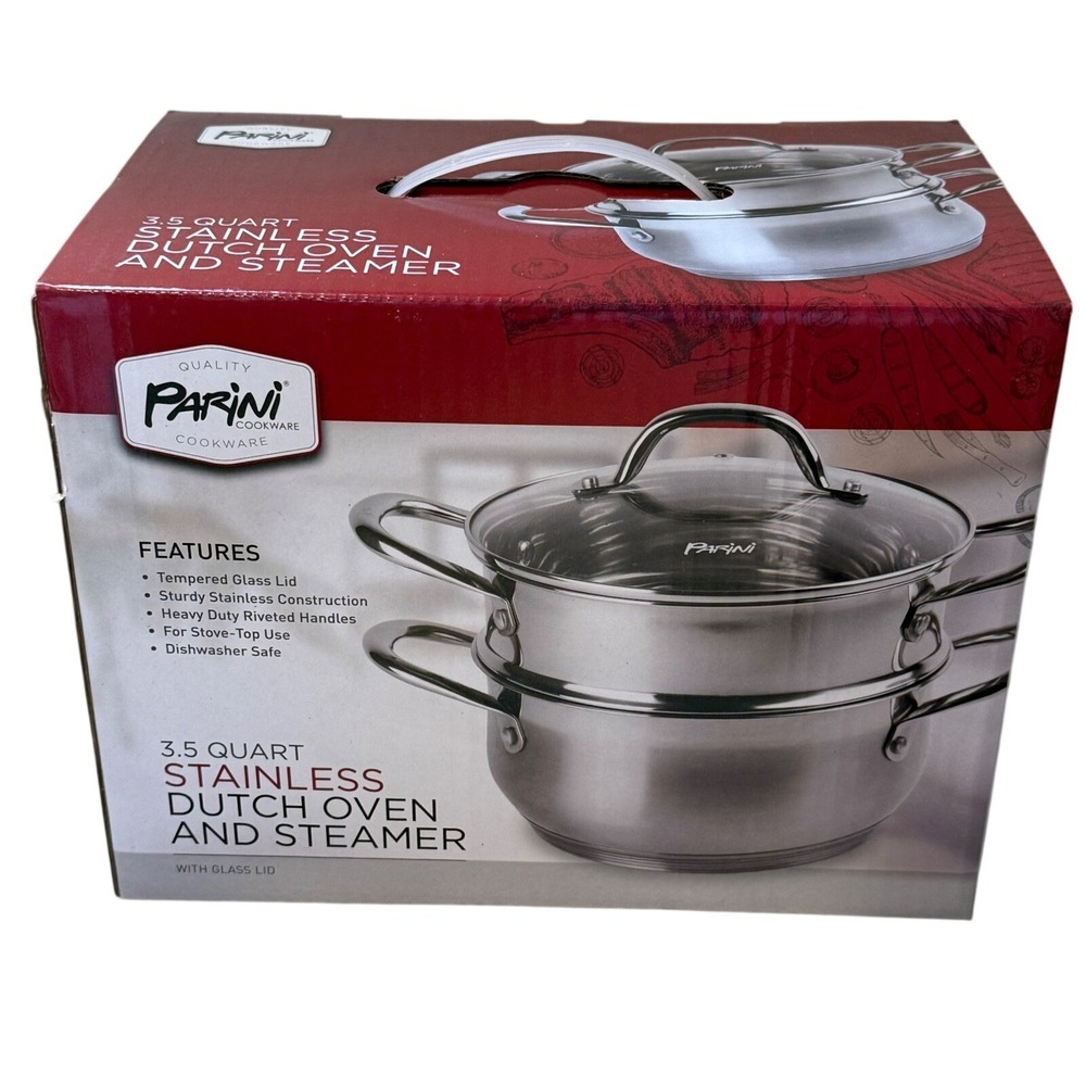 NEW Parini 3.5 Quart‎ Stainless Steel Dutch Oven and Steamer Set with Glass Lid